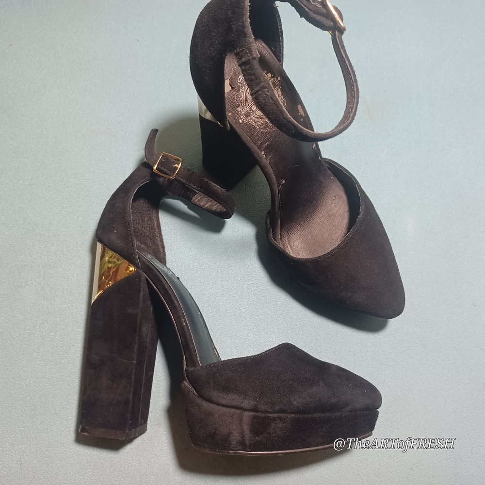 Black Suede Block Heels with Gold Accents - Picture 15 of 16